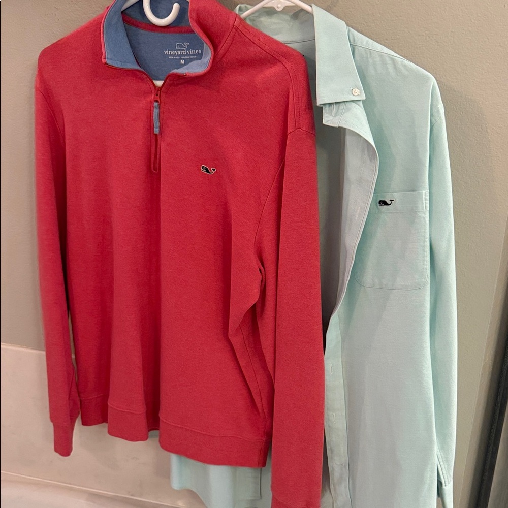 Vineyard Vines Coral Pullover and Light green Shirt Combo